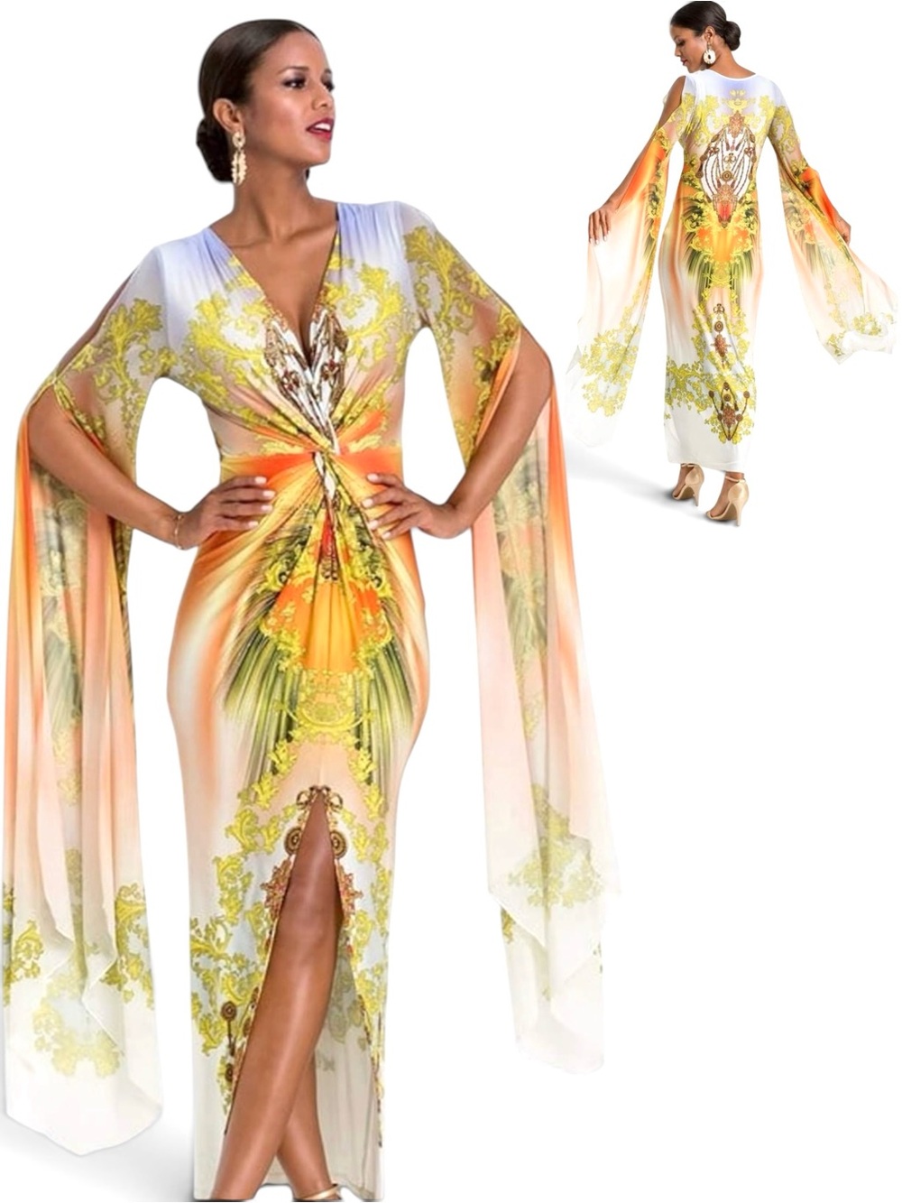 VENUS Elegant Bright Print Maxi Dress with Dramatic Sleeves